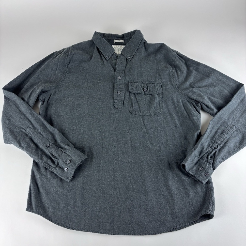 Abercrombie & Fitch Long  Men's XXL Sleeve Muscle Flannel Grey Shirt Button Down